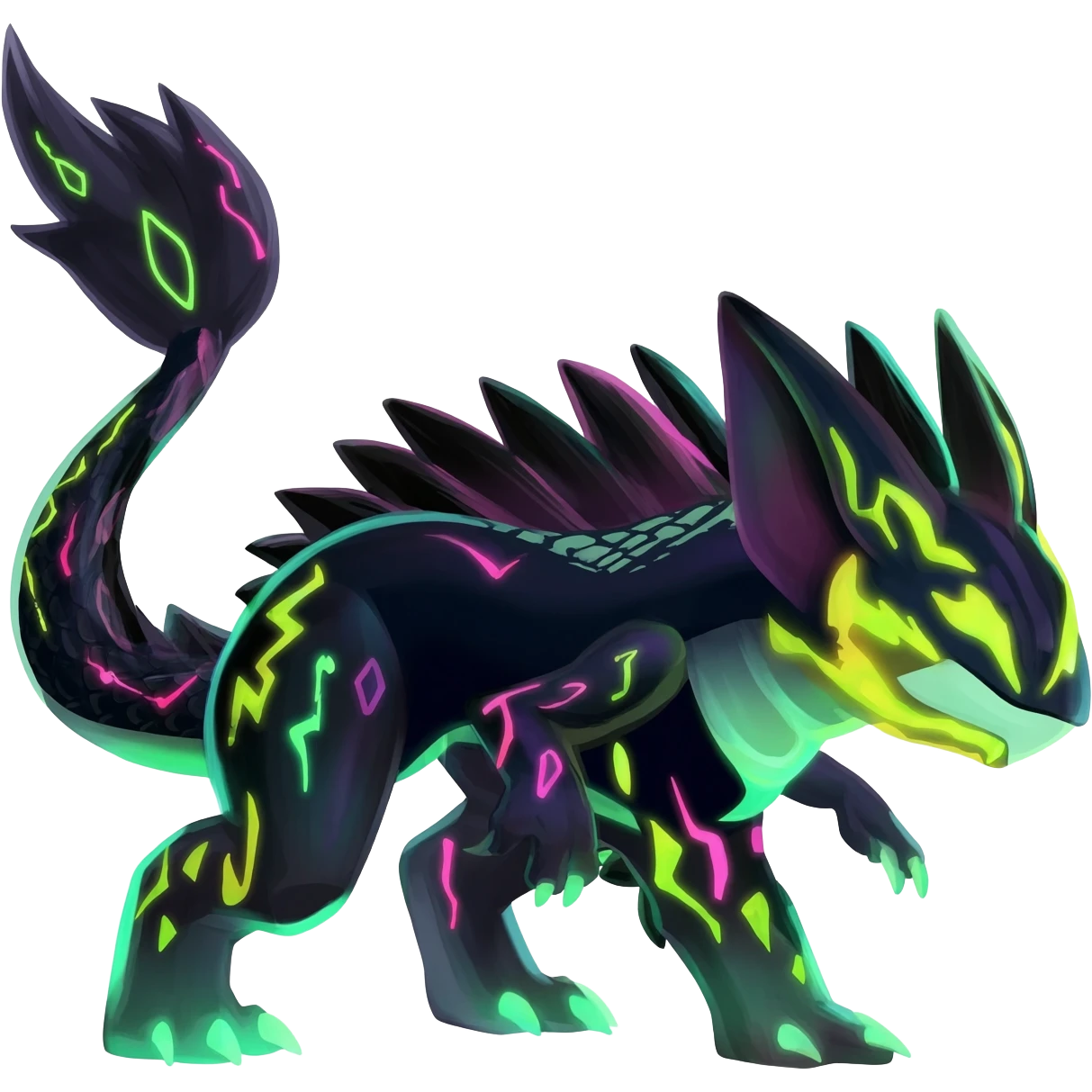 Rare realistic black-scaled neon-glowing bioluminescent edgy badass epic pretty beautiful handsome gorgeous aesthetic colorful vibrant Vernid-Trico-Amaura-species-Fakemon-creature by LiLaiRa, 4 legs, 1 tail, random markings, (full body) emoji