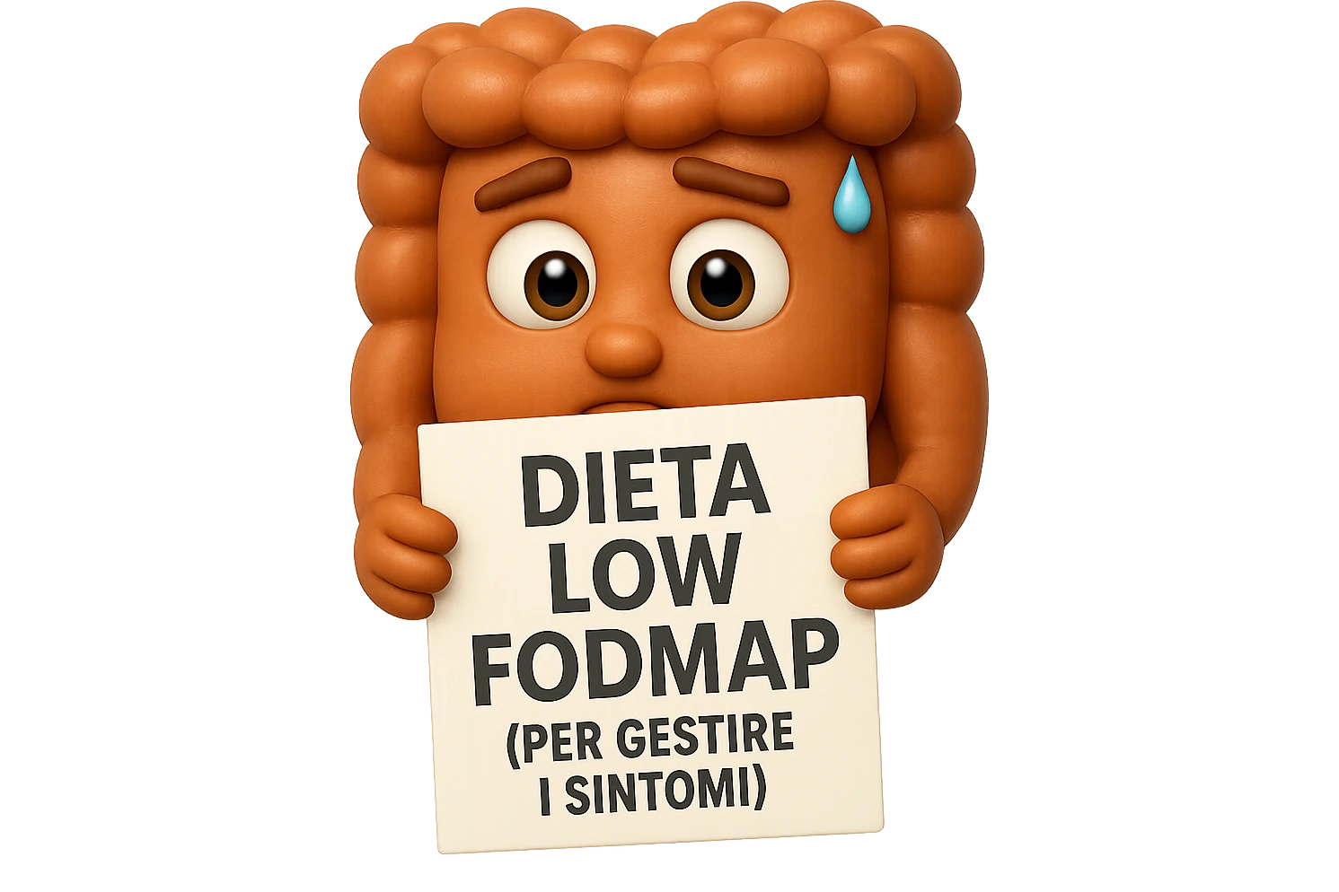 EMOJI STILE IPHONE DI UN INTESTINO UMANO ANATOMICO CHE GUARDA UN FOGLIO CON LA SCRITTA "DIETA LOW FODMAP (PER GESTIRE I SINTOMI)", FAGLI ANCHE LA PARTE BIANCA DEGLI OCCHI, NON SOLO LE PUPILLE, IPERREALISTICO 4K emoji