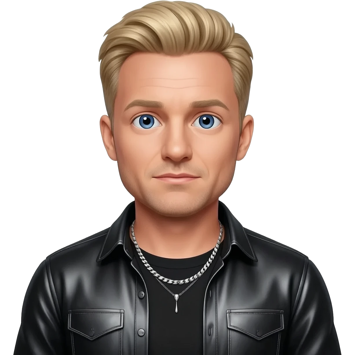Kian Egan from Westlife with blue eyes, blonde hair, black metallic shirt, silver necklace emoji