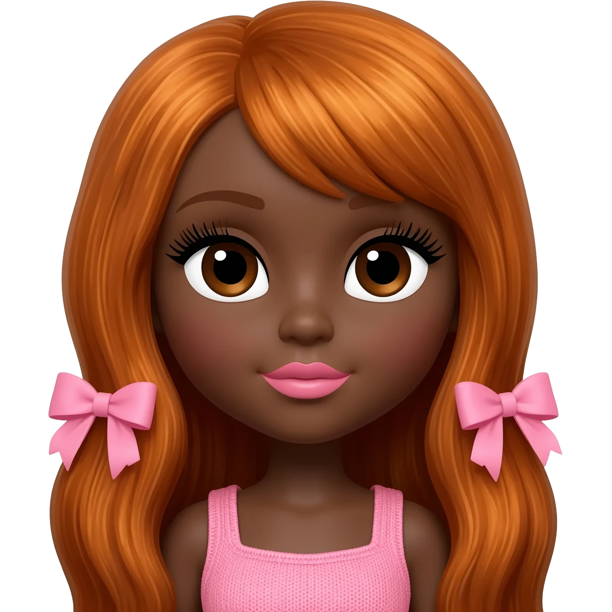 Doll with darkbrown skin with long ginger hair with pink bows, lashes, cute lips emoji