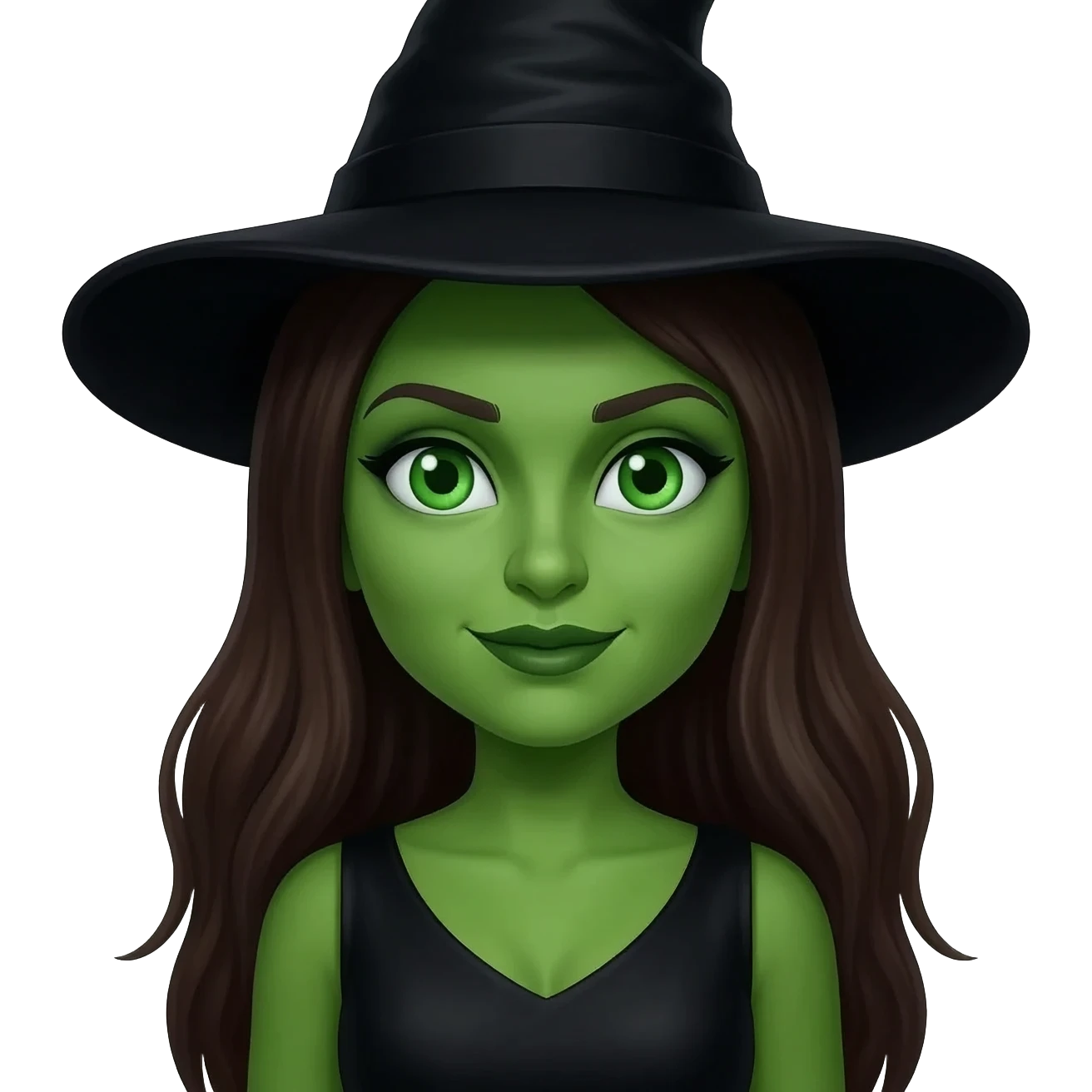 The Wicked Witch from The Land of Oz with green eyes, green skin, long dark brown hair, black dress, black hat emoji