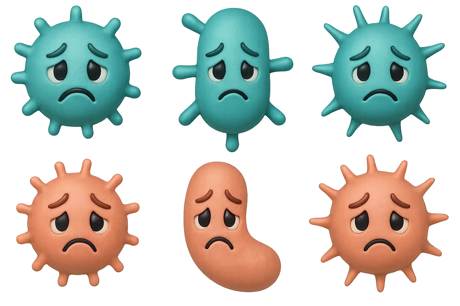 EMOJI STILE IPHONE DI 3 BATTERI INTESTINALI di forme diverse turchesi tristi e 3 batteri intestinali rosa salmone tristi CHE FLUTTUANO IN ARIA IPERREALISTICO 4K emoji