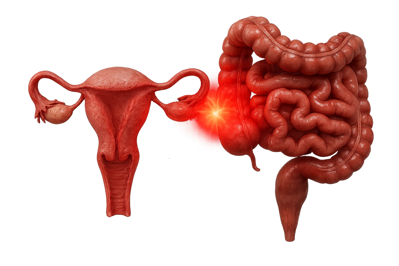 utero umano anatomico iperrealistico e intestino umano anatomico iperrealistico hanno in comune il dolore e l'infiammazione, rendi bene il collegamento tra i due organi doloranti emoji