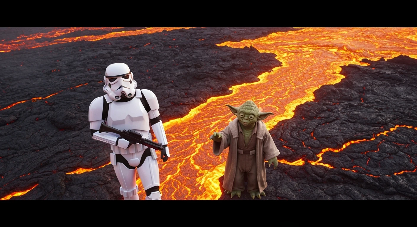 Cinematic still, Shot on vlog camera, Starwars stormtroopers vlogging , he is walking on lava planet with yoda emoji