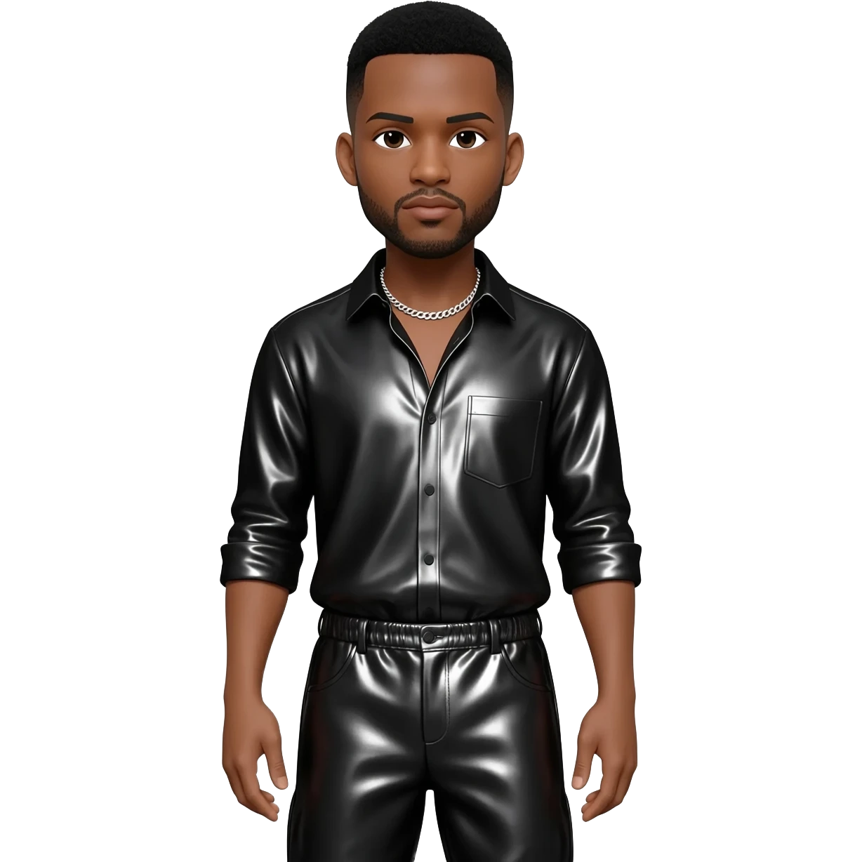 Tank, R&B Singer with black short hair, black metallic shirt, black metallic baggy pants, silver necklace emoji