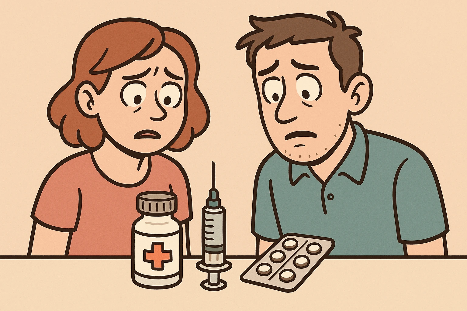 two normal people with concerned faces, looking at two medical products, cartoon style emoji