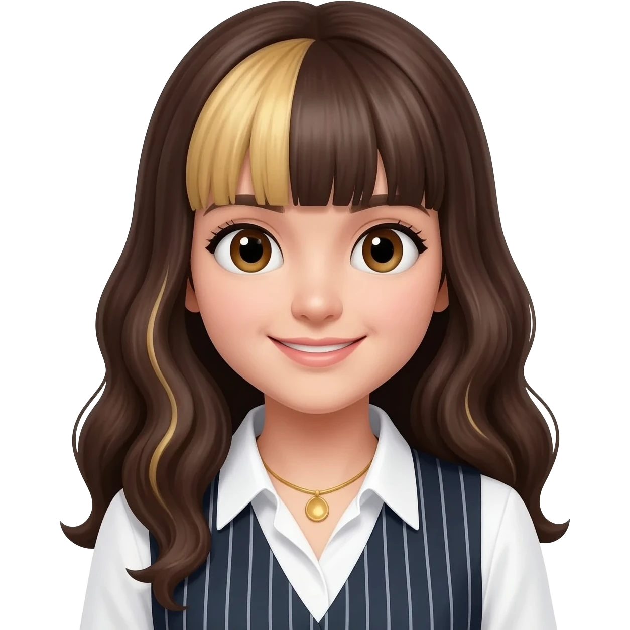 a girl with long lenght dark brown wavy hairs with bangs and blonde ends of the hair. big eyes and soft features and with the sincere smile. outfit is white shirt with a golden necklace and add stripet west top of it emoji