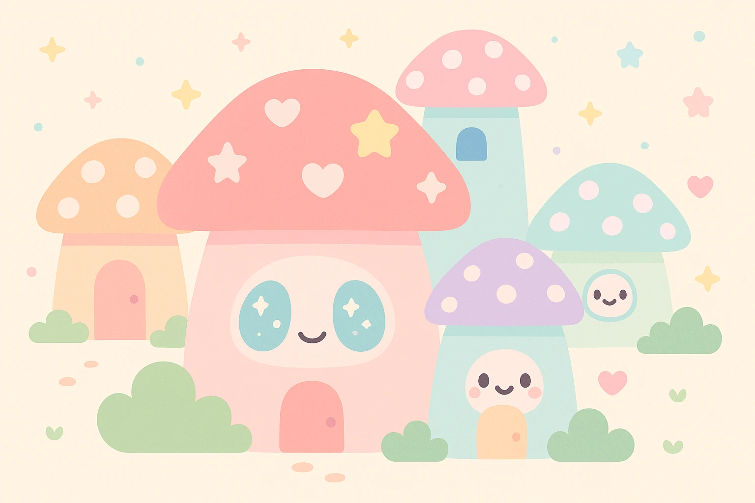 a fantasy village with mushroom houses, kawaii style emoji