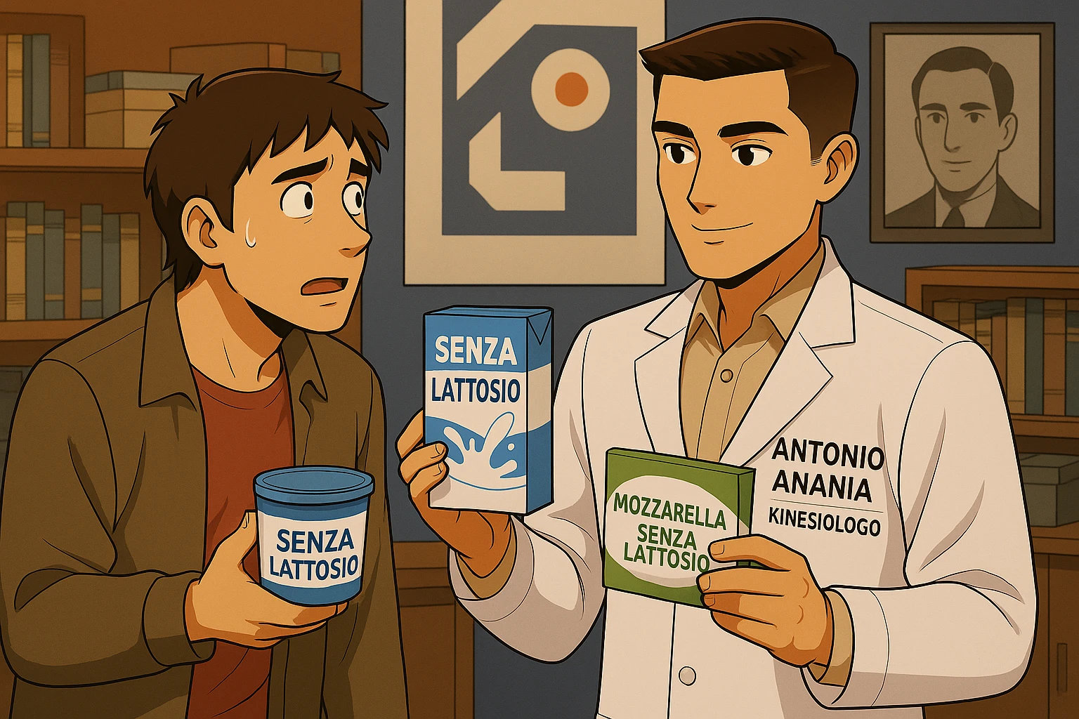 fai un webtoon manga a colori con questo stile, in cui un uomo ASCOLTA Il kinesiologo con il camice bianco (fagli anche la scritta "ANTONIO ANANIA" SUL CAMICE, IL KINESIOLOGO SPIEGA ALL'UOMO UNA MOSTRANDO VARI PRODOTTI DA SUPERMERCATO CONFEZIONATI (TIPO SCATOLA DI LATTE SENZA LATTOSIO, MOZZARELLA SENZA LATTOSIO), OGNI CONFEZIONE HA LA SCRITTA "SENZA LATTOSIO SULL'ETICHETTA. L'UOMO OSSERVA IL KINESIOLOGO CON ESPRESSIONE CONFUSA IN VOLTO. non fare i fumetti però, fai solo in modo che sembri stiano parlando emoji