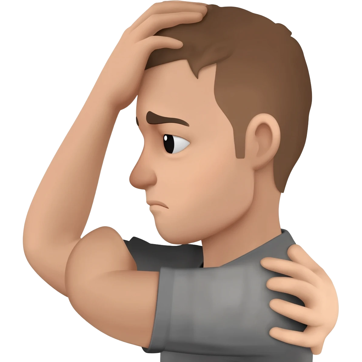 A man who is depressed with his left arm draped over the top of his head so the inside of his left elbow is on the very top of his head where hair grows from and his left hand is touching his right shoulder emoji