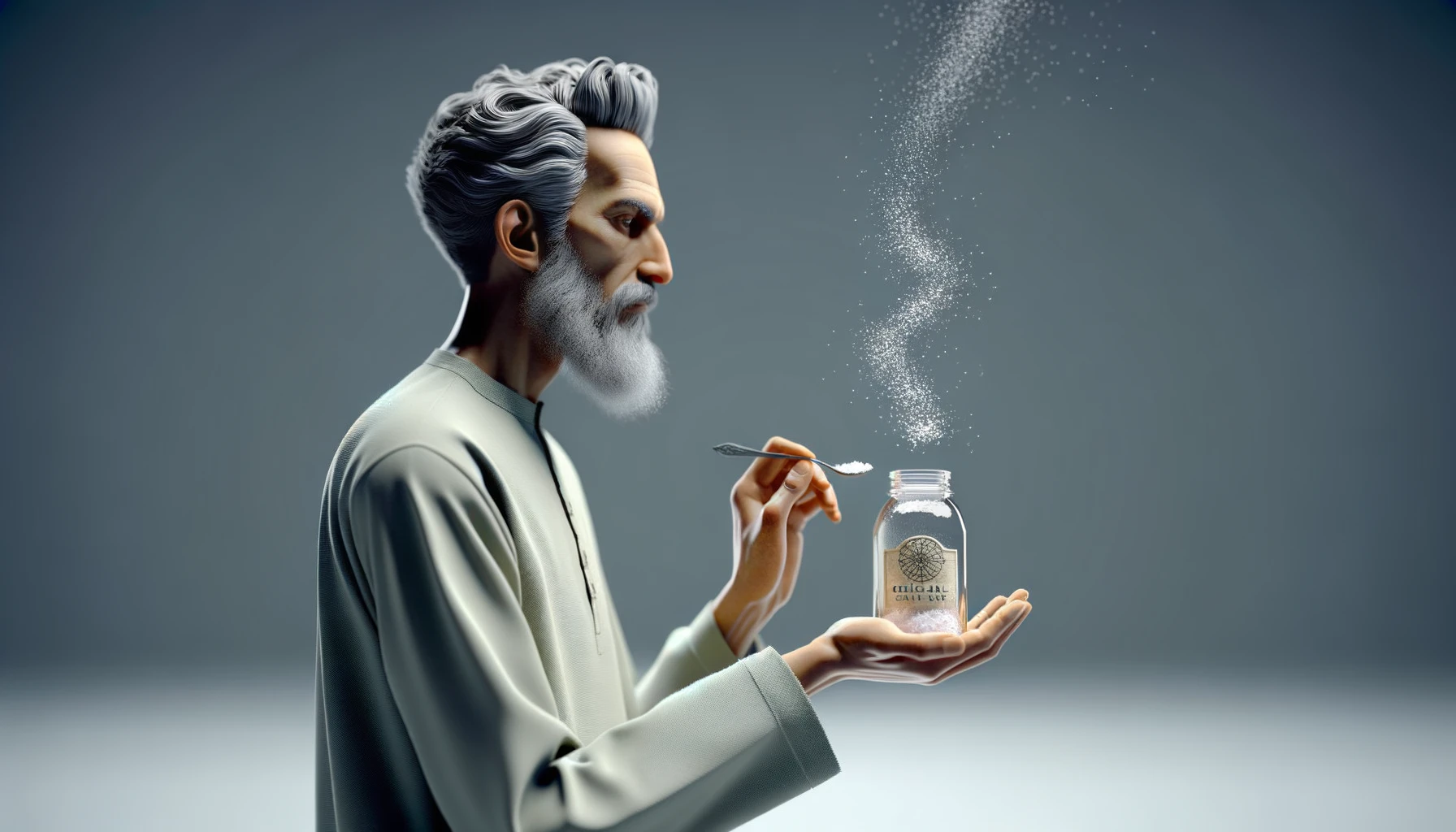 A REALISTIC ANATOMIC human body holding a jar with "CELTIC SALT" written on the label, he throws it in his mouth DURING BREAKFAST, NEUTRAL CLEAR BACKGROUND emoji