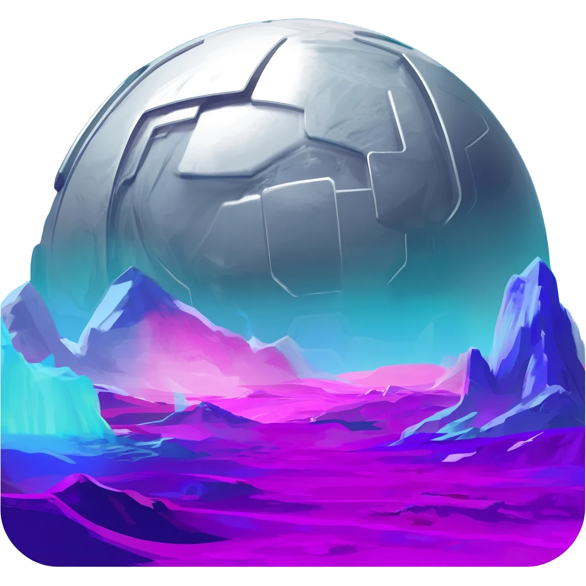 Futuristic silvery cyber planet with glowing cyan and magenta  emoji