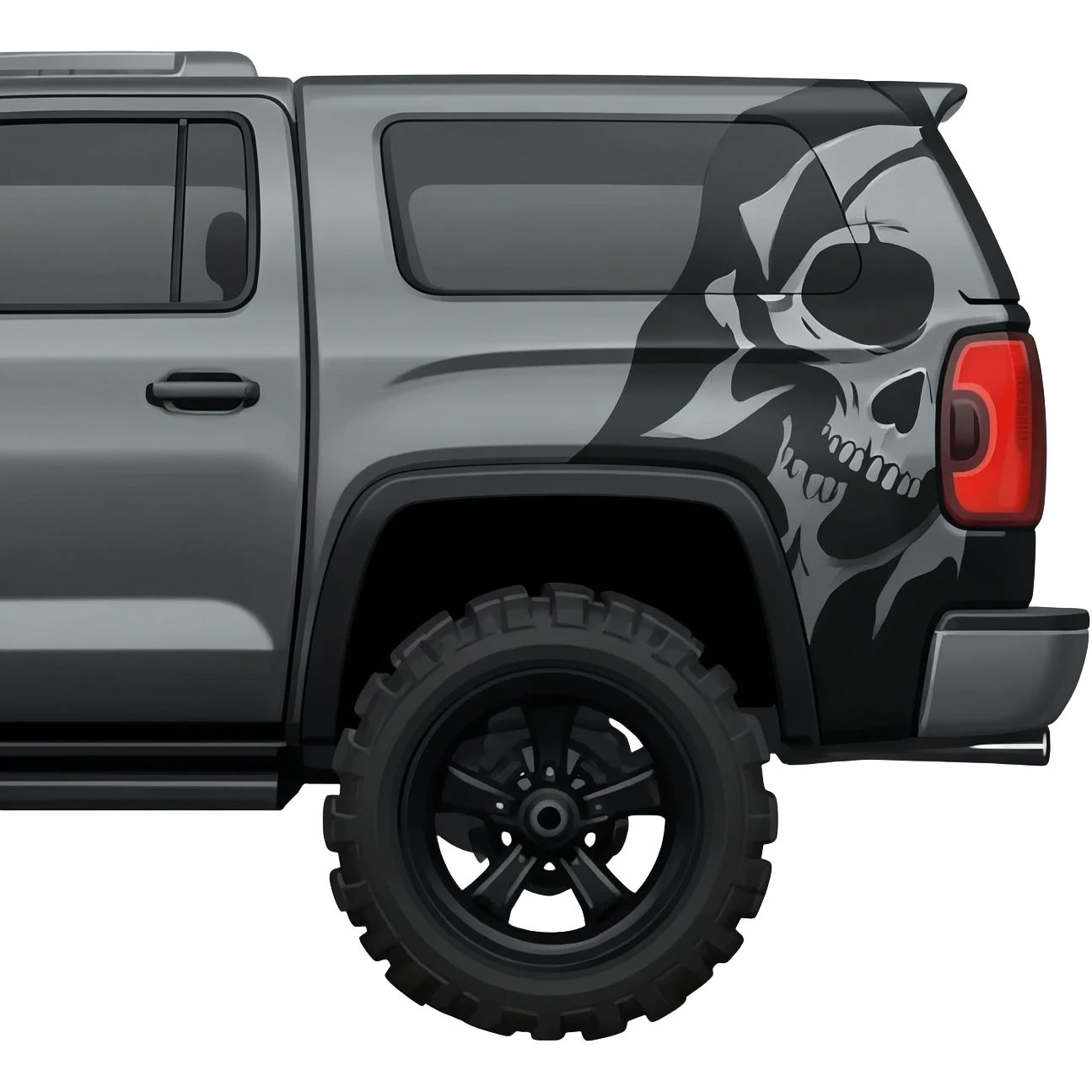 Side View of 2017 Tan Yukon With Black Skull Graphics on the back half Truck has a 2' lift emoji