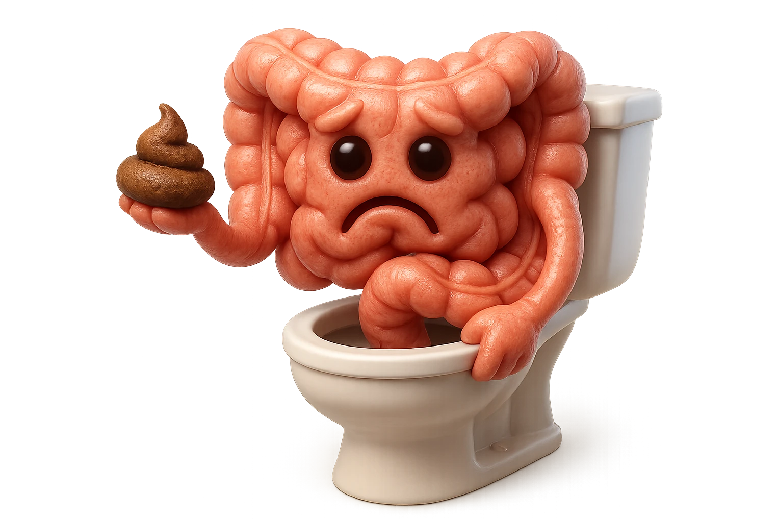 emoji stile iphone di un intestino realistico 3d che esce dal wc con in mano una montagnetta di feci con espressione triste a palline, iperrealistico 4k emoji