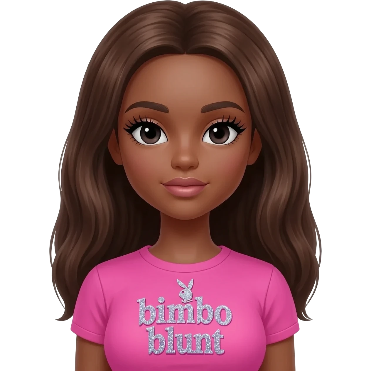 doll body , dark brown eyebrows, dark skin girl,Long giant lashes, bimbo, black doll eyes, barbie, dark brown skin, with brown hair, big breast, pink 2000s t shirt says on the sparkling text “bimbo blunt” on playboy logo emoji