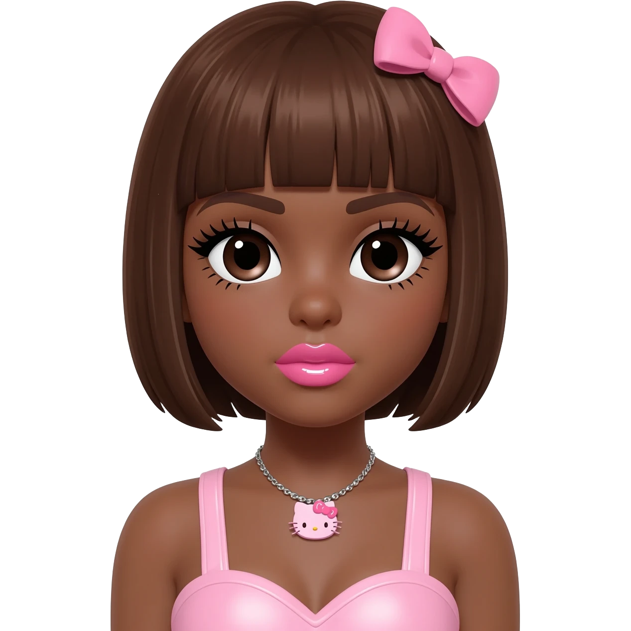 heart shaped lips, cute glossy lips, doll eyes with long lashes, dark brown skin, brown hair, big chest, hello kitty necklace, one bow clip, bimbocore outfit emoji