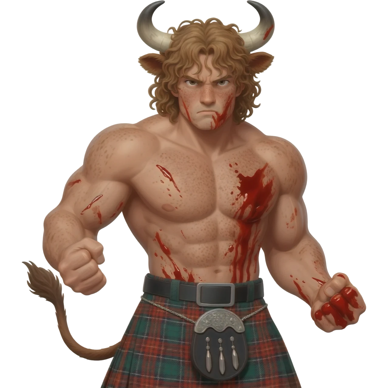 big buff curly hairy man covered in blood with freckles with messy light brown bangs that covers his face completely with bull horns and bull ears and bull tail dressed in kilt fighting posture closeup emoji