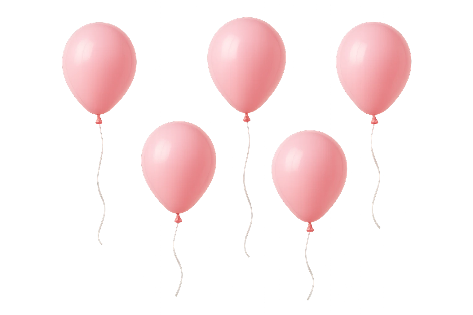5 palloncini rosa fluttuano in aria isolati su sfondo bianco, iperrealistico 4k emoji