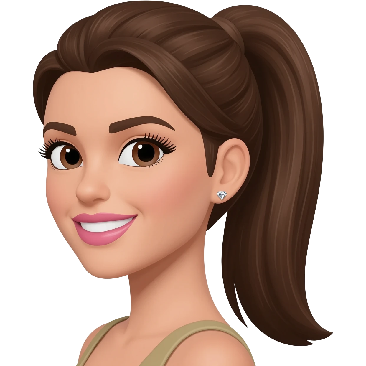 brunette with long medium brown hair in a sleek high ponytail, dark brown eyes, medium brown eyelash color, full lips, small button nose, fair olive color skin, with full eye lashes, diamond earring studs, with pink lipstick, nice smile, with medium brown eyebrows emoji