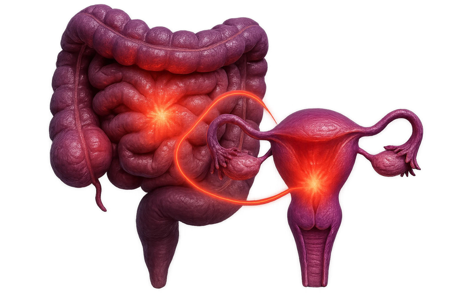 utero umano anatomico iperrealistico e intestino umano anatomico iperrealistico hanno in comune il dolore e l'infiammazione, rendi bene il collegamento tra i due organi doloranti, falla iperrealistica, non disegnata, fai colori che si adattano a questo viola #971ef1 emoji