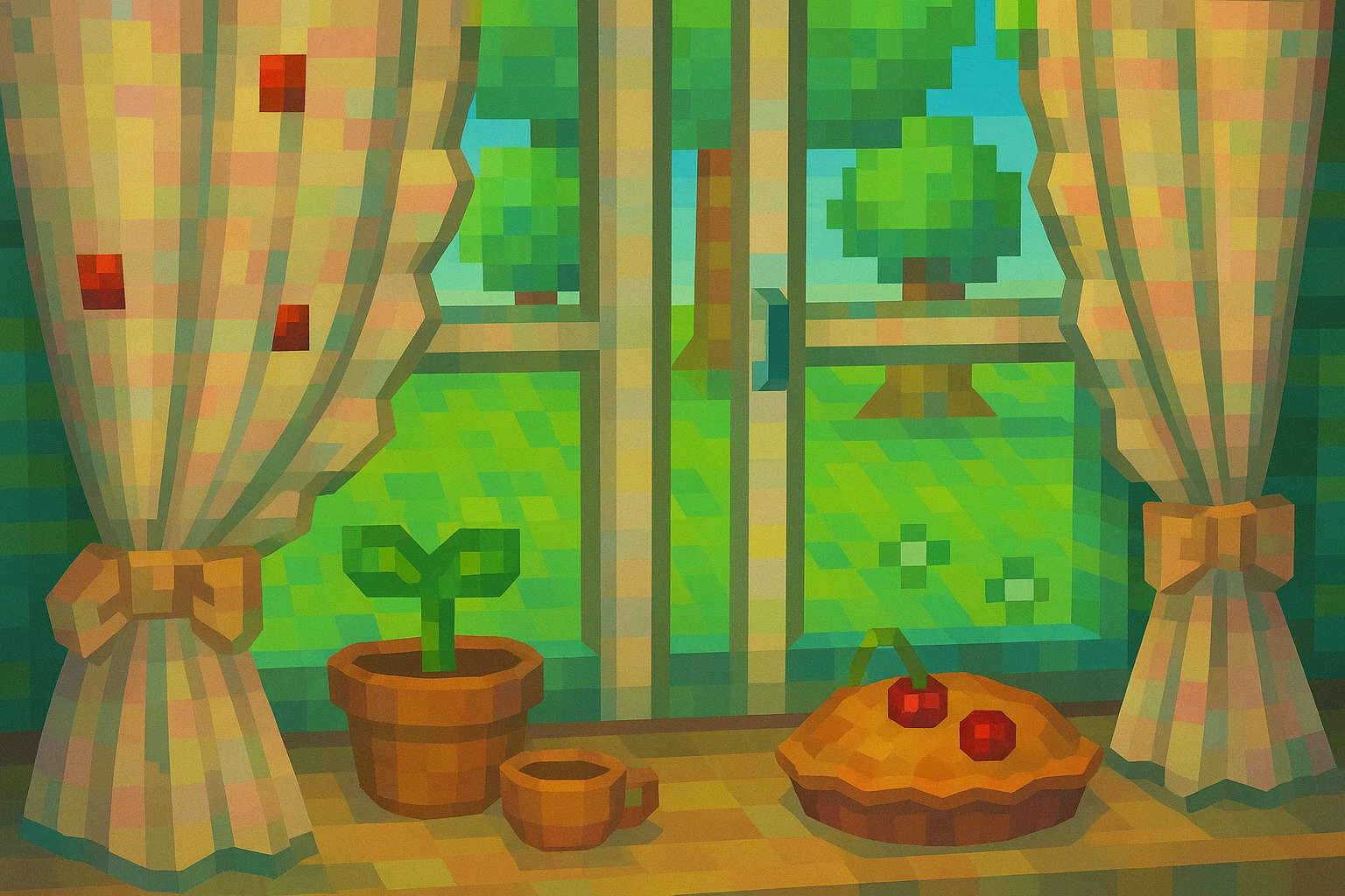 Another cozy window scene in iOS 3D style: window with sheer curtains, a potted plant, a cup, and a cherry pie on the windowsill, bright green garden outside. Clean, minimal, soft 3D lighting, pastel colors, iOS 3D illustration. emoji