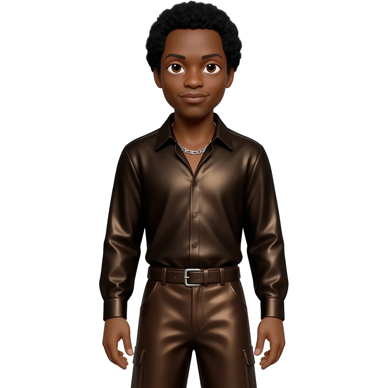 James Brown with dark brown eyes, black hair, dark brown metallic shirt, dark brown metallic baggy pants, silver necklace emoji