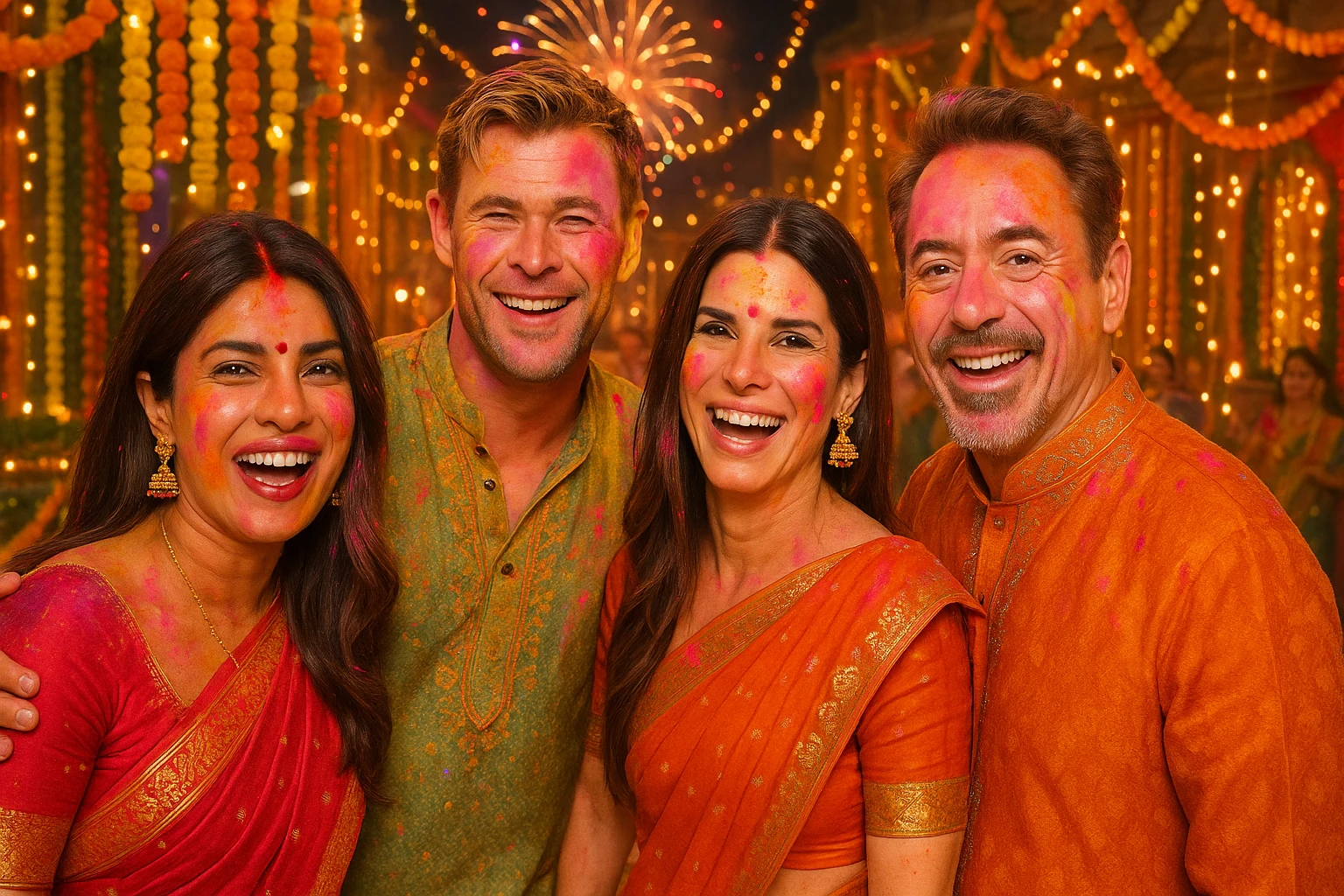 a group of international celebrities celebrating an Indian festival, joyful, bright colors emoji
