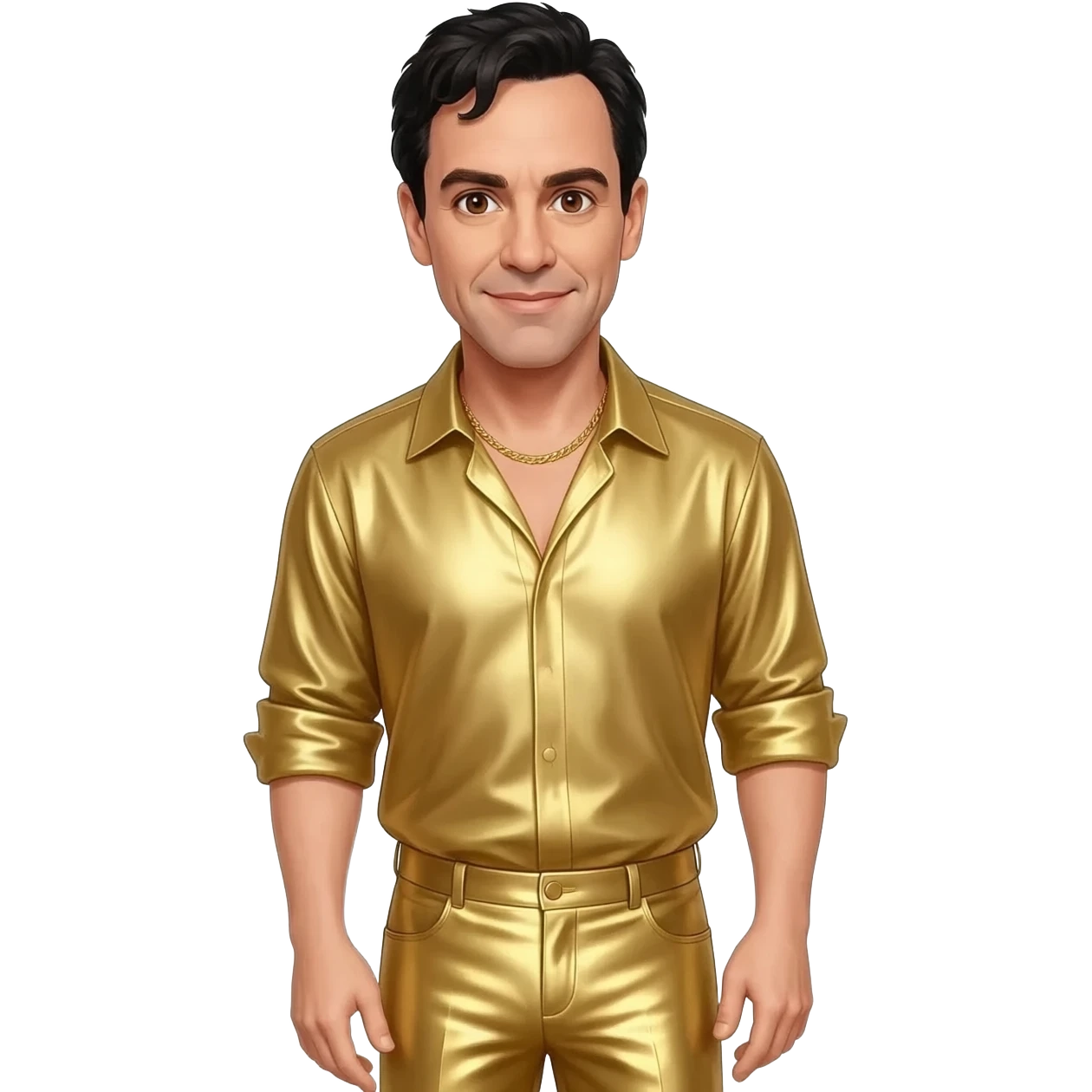 Sacha Baron Cohen with brown eyes, black short hair, gold metallic shirt, gold metallic wide leg pants, gold necklace emoji