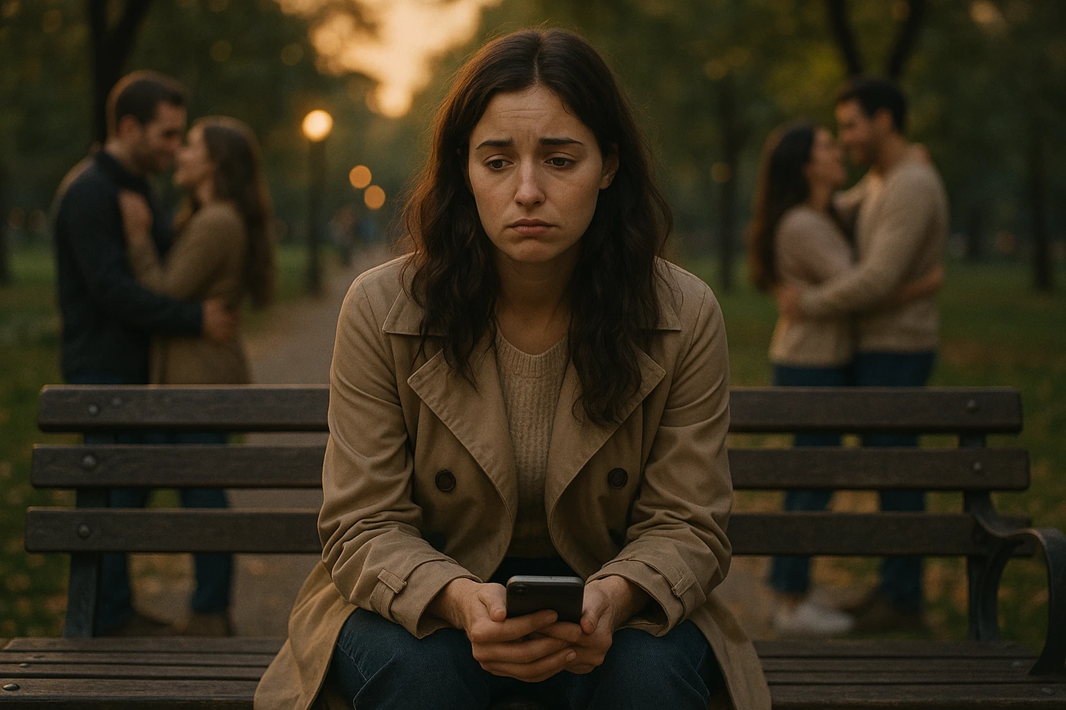 a woman sitting alone on a bench, looking sad and longing, holding a phone, surrounded by couples in the background, conveying she can't find love emoji