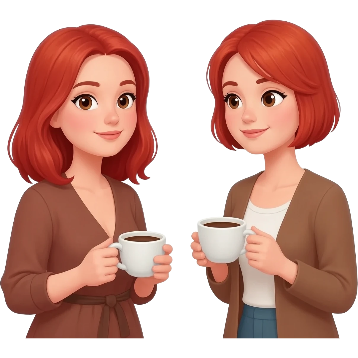 two red head women having coffee. one has chin length hair and the other has very short hair emoji