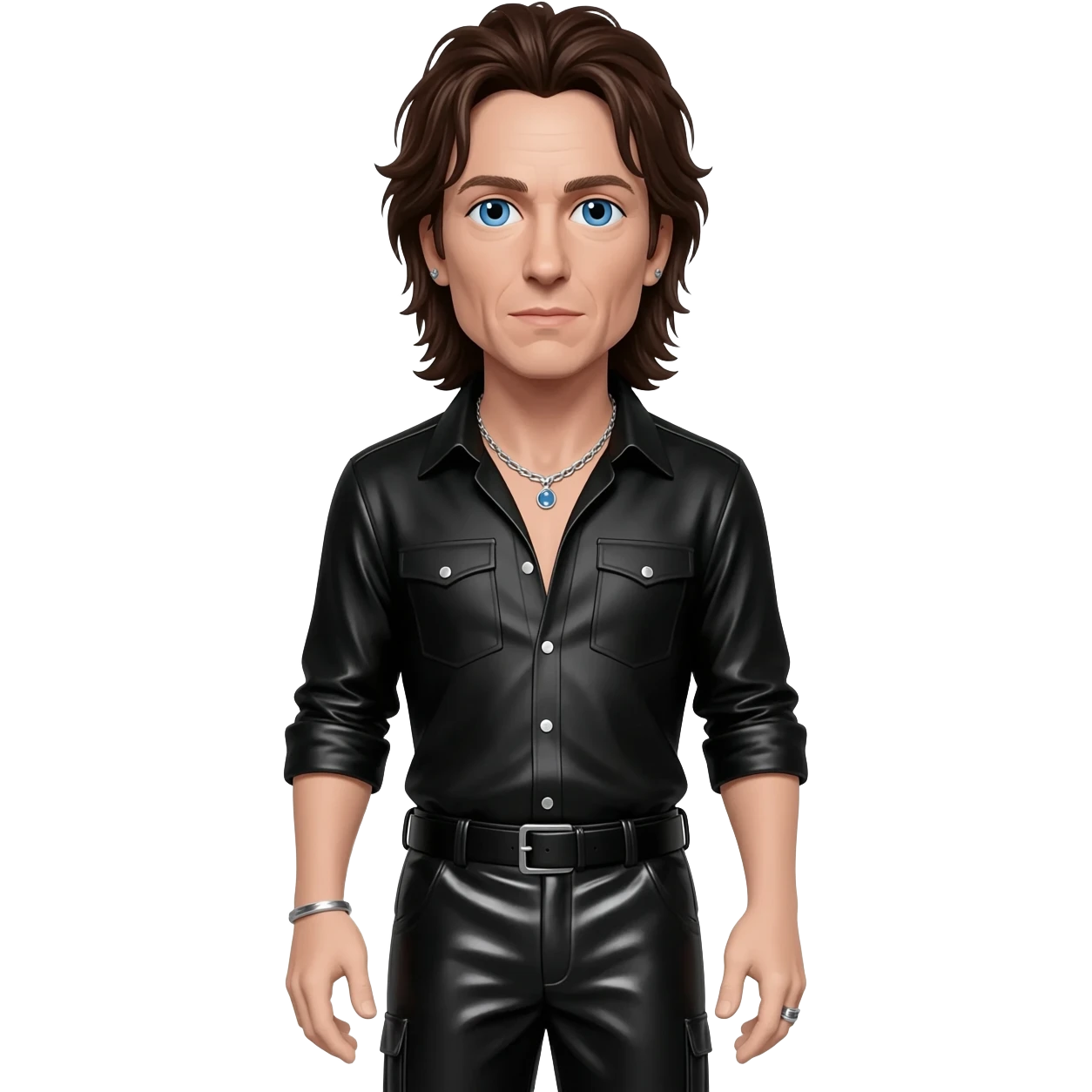 Bono with blue eyes, long dark brown hair, black metallic shirt, black metallic baggy pants, silver necklace emoji