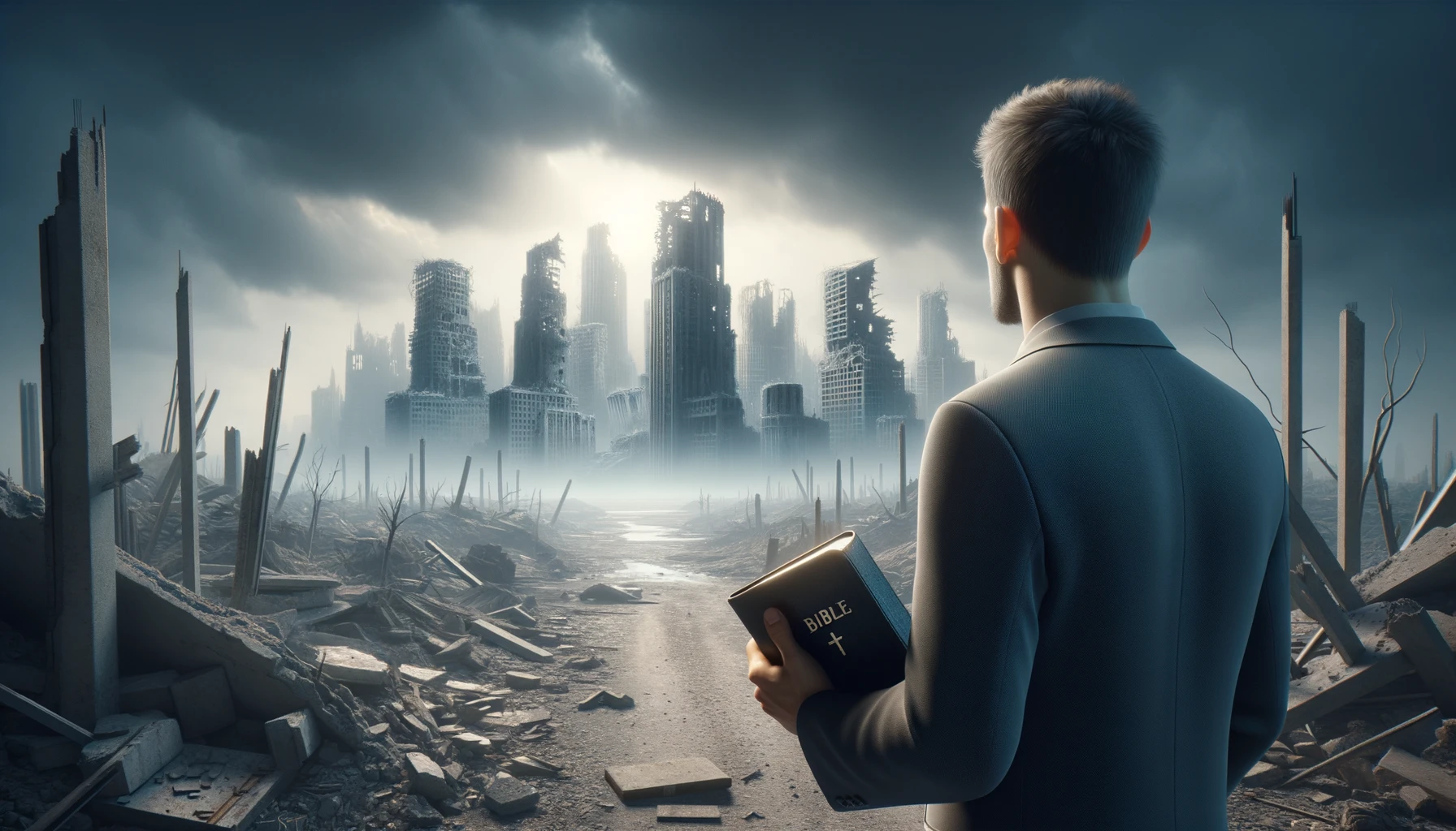 UOMO DI SPALLE DAVANTI AD UNA CITTà SMANTELLATA SENZA MURA CON UNA BIBBIA IN MANO, GUARDA LA CITTà, IPERREALISTICO 4K emoji