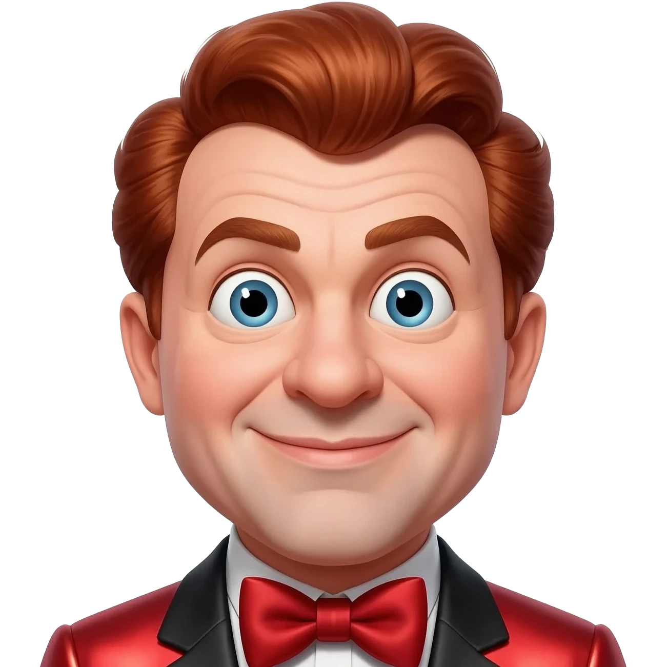 Curly Howard from The Three Stooges with blue eyes, thick chestnut red hair, red metallic suit with bow tie emoji