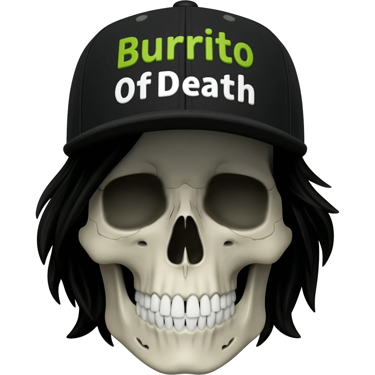 Create a skeleton head wearing a black baseball cap that says " Burrito Of Death " in green, and white lettering, with black hair emoji