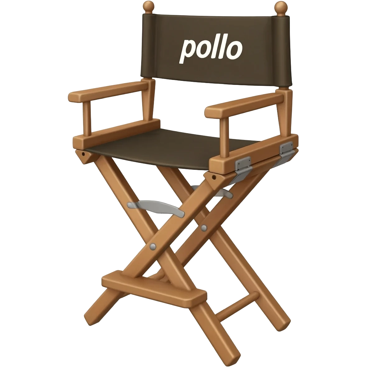 a 3/4 view of a  tall  directors chair with the word "pollo" on the back emoji