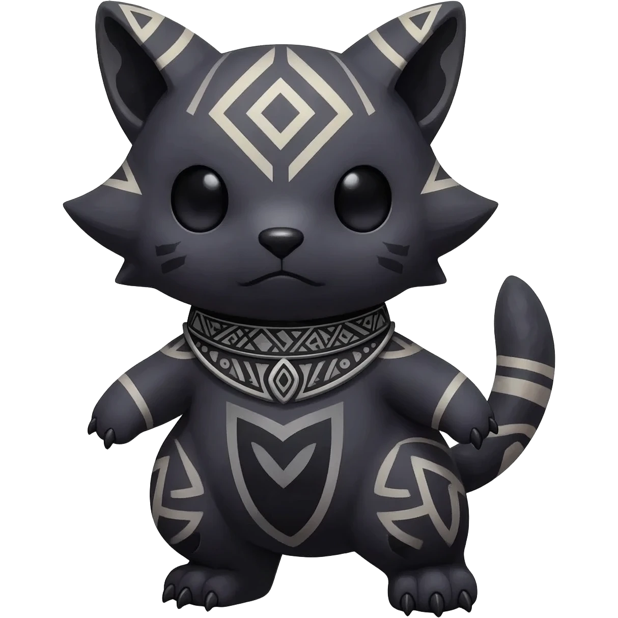 Rare dark dusky dull-colored exotic edgy cool epic aesthetic gothic emo Salandit-Litten-Furfrou-Houndoom-Civet-species-Fakemon-hybrid-creature, with a collar, and with intricate tribal markings, full body emoji