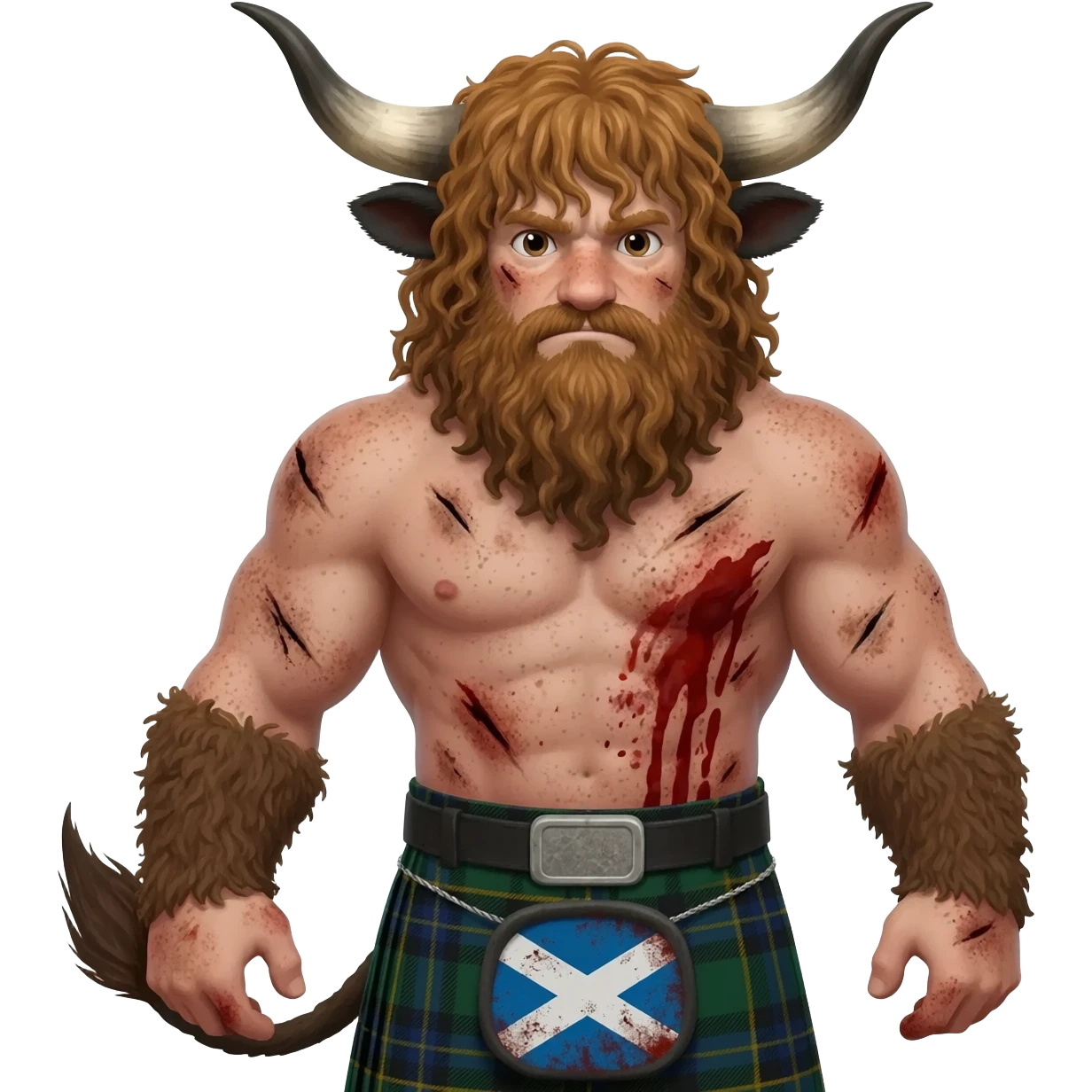 big buff curly hairy man covered in dirt scars and blood with freckles with messy light brown bangs that covers his face completely with bull horns and bull ears and bull tail dressed in kilt with shabby scottish flag emoji