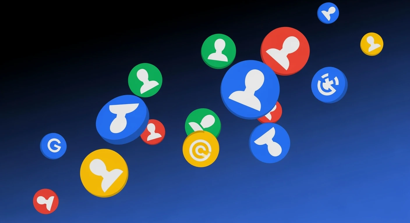 Graphic of a flying aroundg google profiles (Gradient black and blue background) emoji