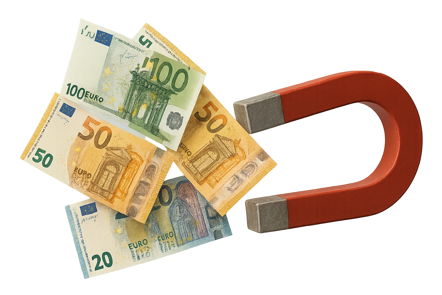 banconote di euro fluttuano vicino ad una calamita rossa, sono attratte, iperrealistico 4k emoji