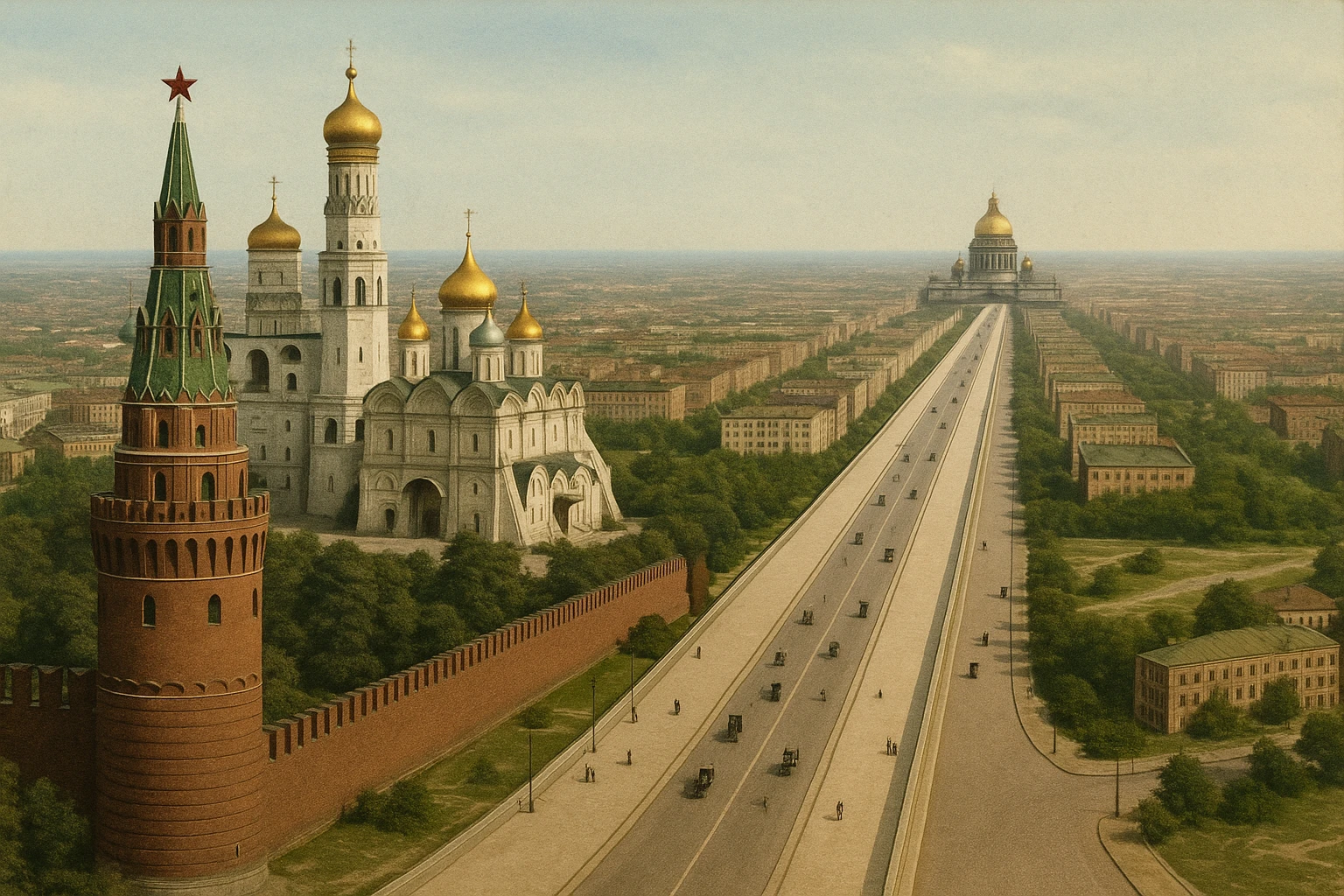 Москва соединена с Санкт-Петербургом и образовывает единый город-луч. Чем-то похожий на NEOM.

Перед нами Кремль, а на другом конце линии (в далеке) - Исакиевский собор 

Архивные цветные фото 1920 год emoji