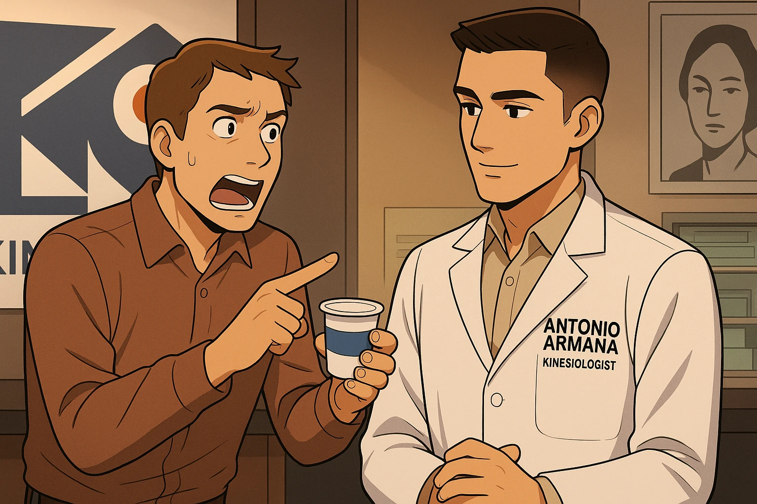 fai un webtoon manga a colori con questo stile, in cui un uomo chiede al kinesiologo con il camice bianco (fagli anche la scritta "ANTONIO ANANIA" SUL CAMICE, una domanda e il kinesiologo gli risponde, L'UOMO INDICA LO YOGURT CHE HA IN MANO ED è MOLTO ALLARMATO NEL FARE LA DOMANDA. non fare i fumetti però, fai solo in modo che sembri stiano parlando emoji