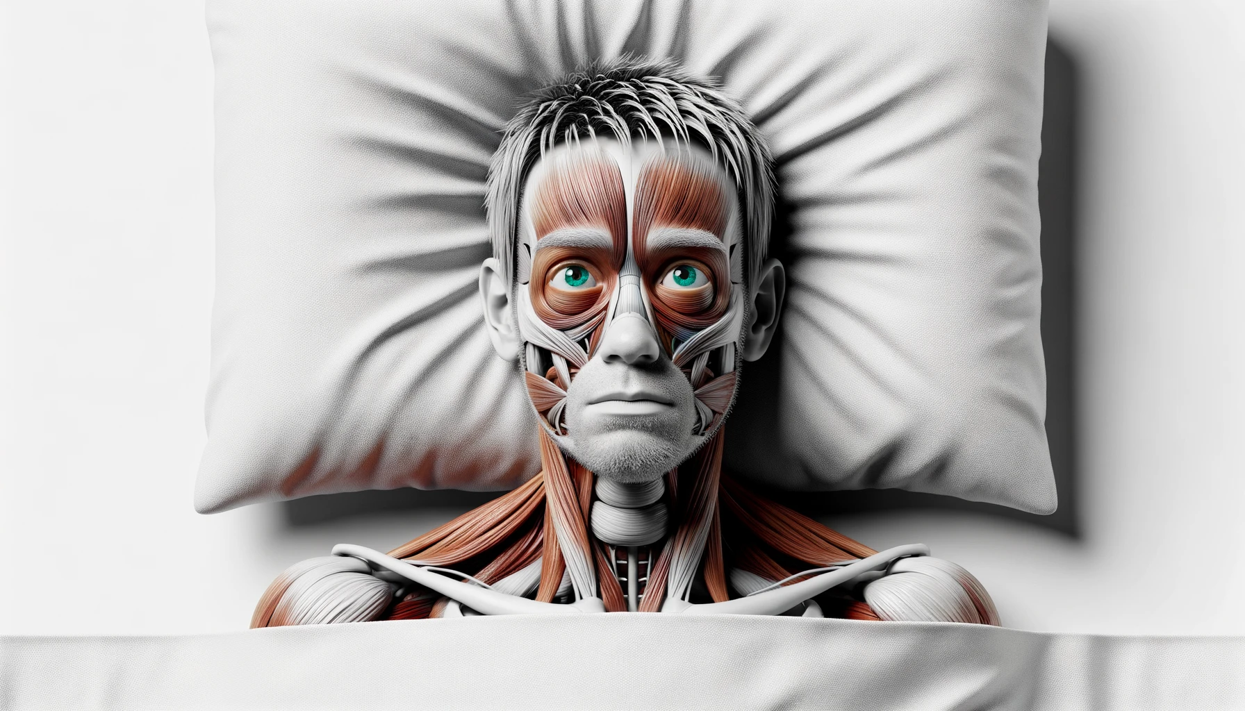 corpo umano anatomico con capelli corti che non riesce a dormire muscoli e organi in evidenza, sta nel letto con  gli occhi sbarrati e l'espressione nervosa, visto dall'alto, iperrealistica 4k, isolato su sfondo bianco emoji
