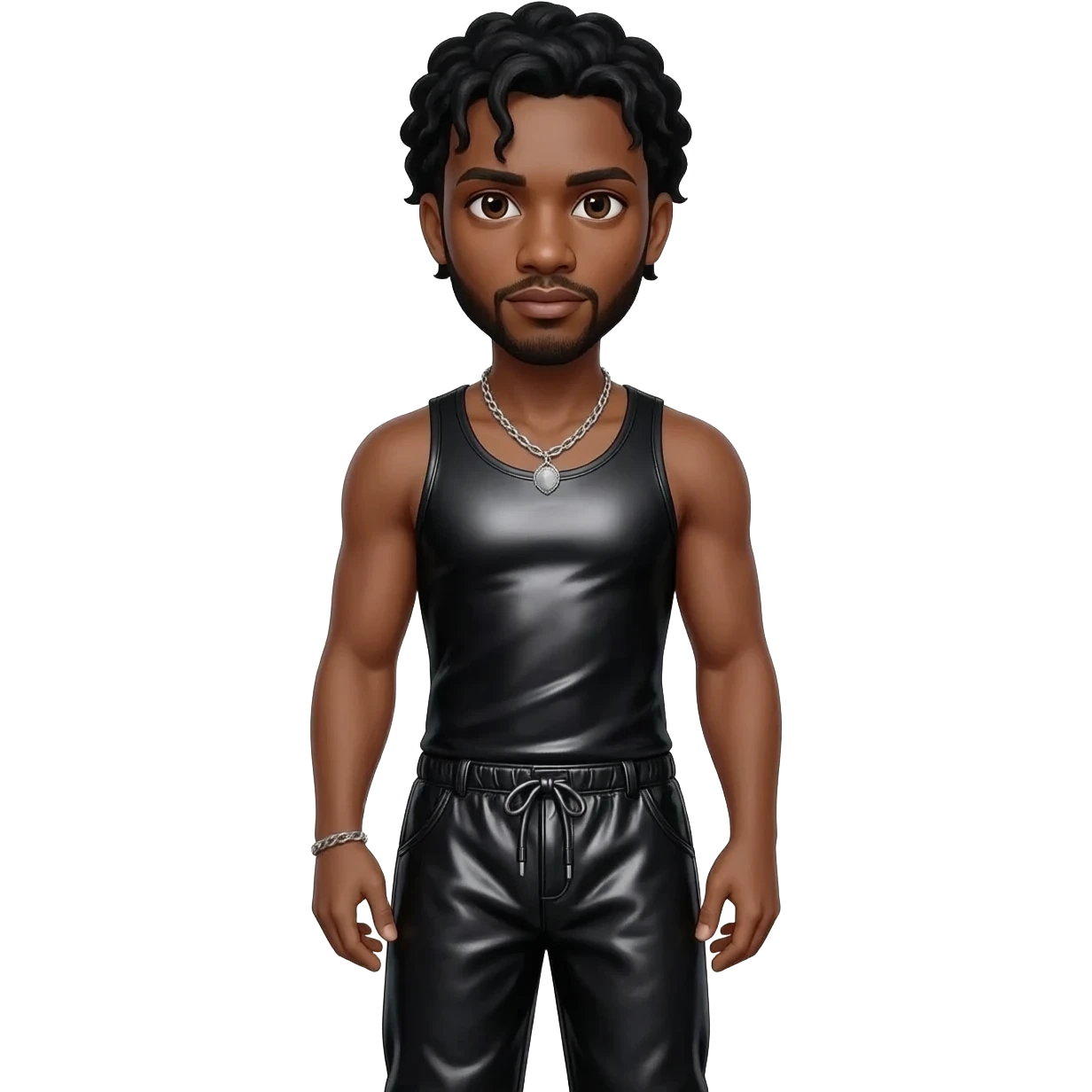 Usher with brown eyes, black hair, black metallic boat tank top, black metallic faux baggy pants, silver necklace emoji