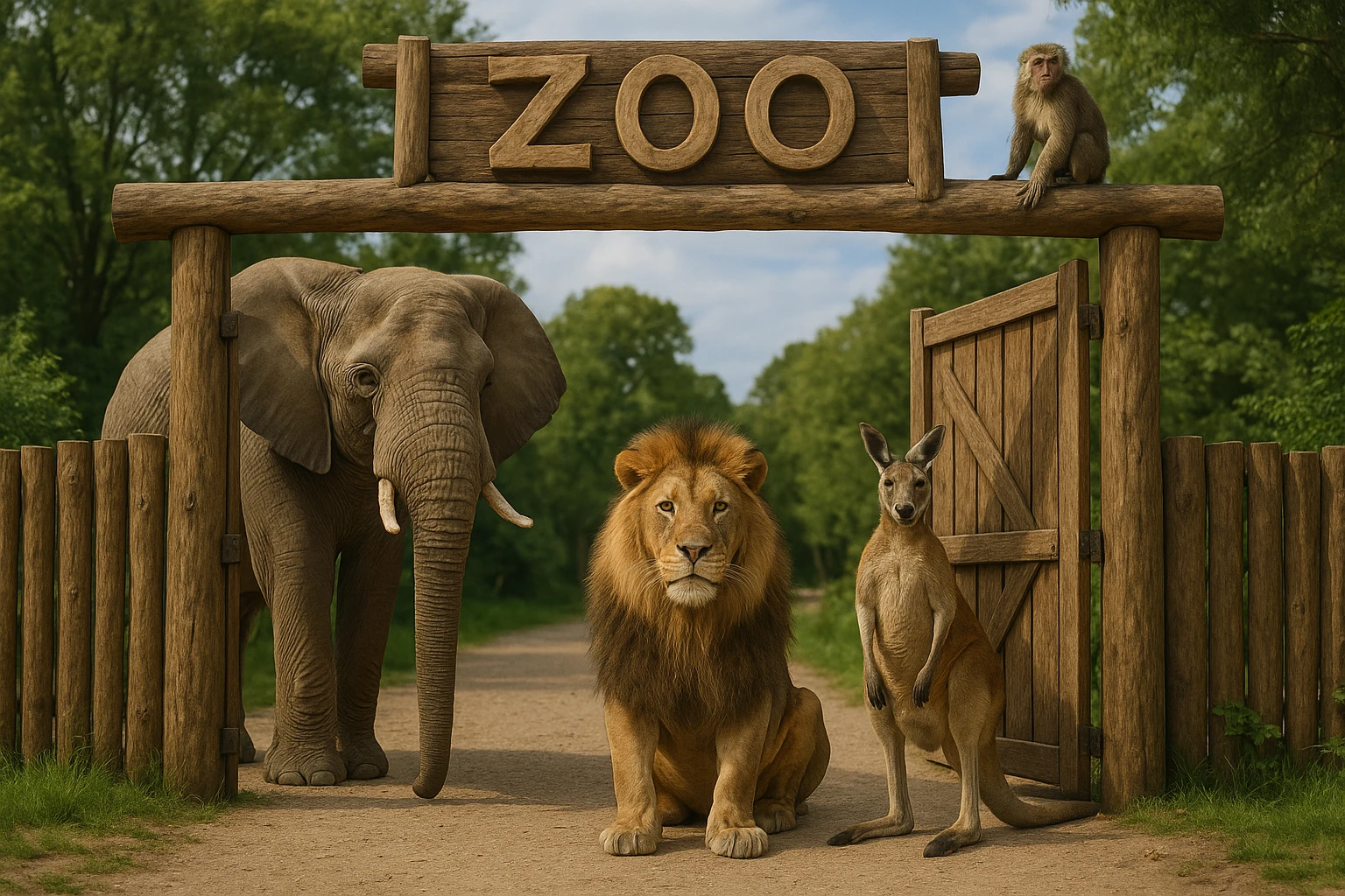 wooden zoo entrance gate with the word 'zoo' on top, realistic-looking elephant, lion, kangaroo, and monkey standing near the open gates, animals look like real animals, natural hand-crafted feel, no cartoonish or AI-generated style emoji
