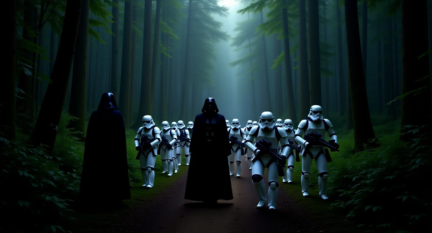 cinematic still, Medium shot, amazon jungle, Darth Vader around stormtroopers coming out from starship on ground, they are exploring the jungle, inspired by StarWars movie, captured by arri alexa emoji