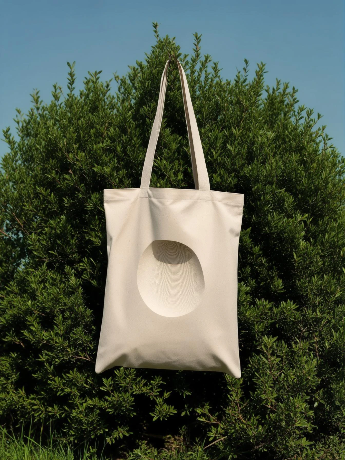 High-resolution mockup of a minimalist canvas tote bag, placed perfectly centered on the canvas. The tote bag is made of natural cotton fabric, light beige color, with a simple and elegant look. Background features a deep green organic bush, clean blue sky above, bright daylight, emoji