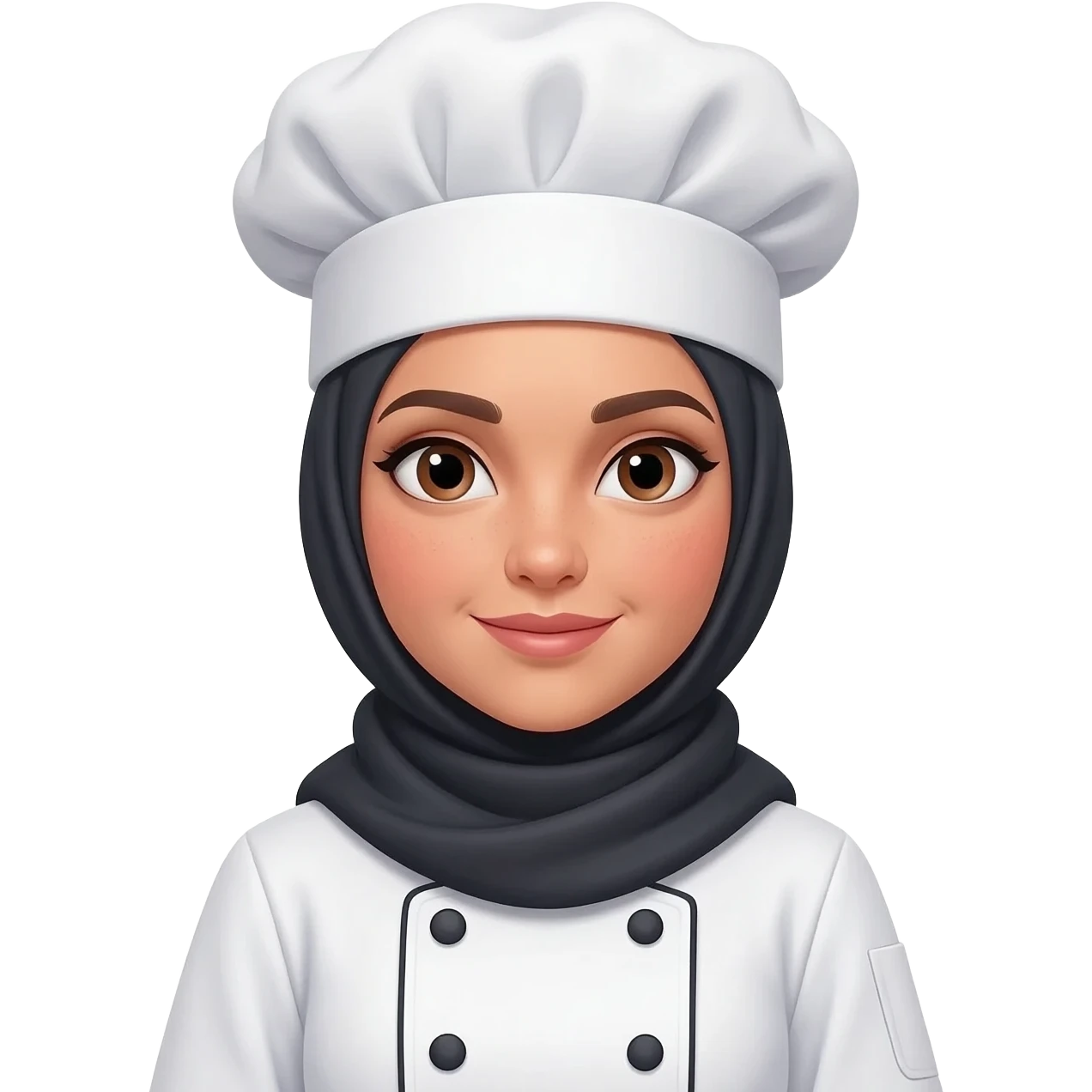 buatkan emoji wanita yang menutup kepala serta lehernya dengan hijab, dan menggunakan jas chef serta topi chef. wanita dengan kulit putih emoji