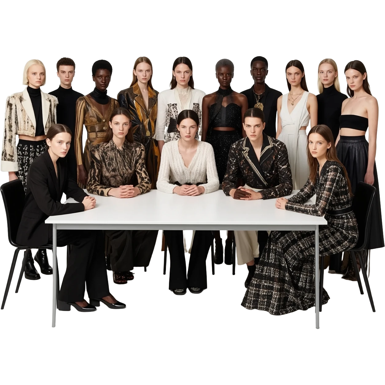 fifteen, twenty, thirty models squeezed together at a table emoji