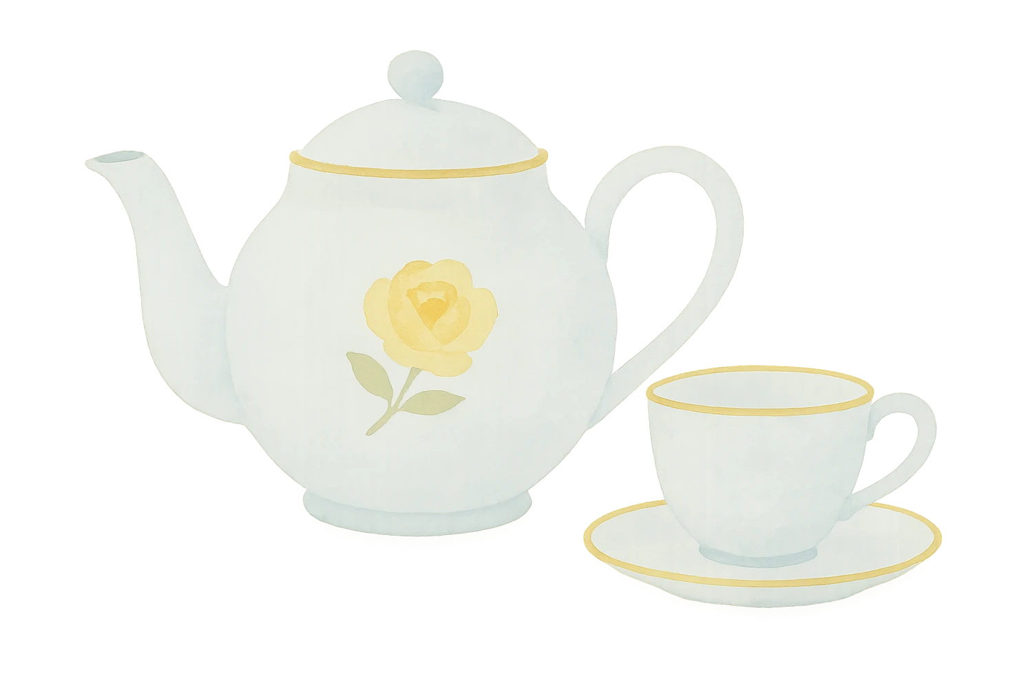 matching teapot in dreamy painterly watercolor style, light blue with a gold rim and a yellow rose painted on the side, transparent background, matches the attached tea cup and saucer emoji