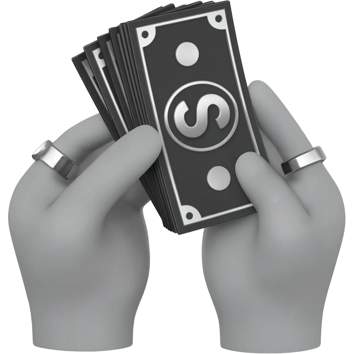 Detailed 3D emoji based on: two male hands with subtle rings, rendered in matte grey. One hand holds a stack of dark, monochromatic "M" dollar bills with a chrome 'M' logo. High contrast, pure white background. emoji